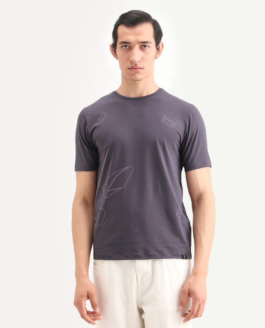 Rare Rabbit Men's Vin Dusky Purple Cotton Blend Fabric Half Sleeve Crew Neck Regular Fit Graphic Print T-Shirt