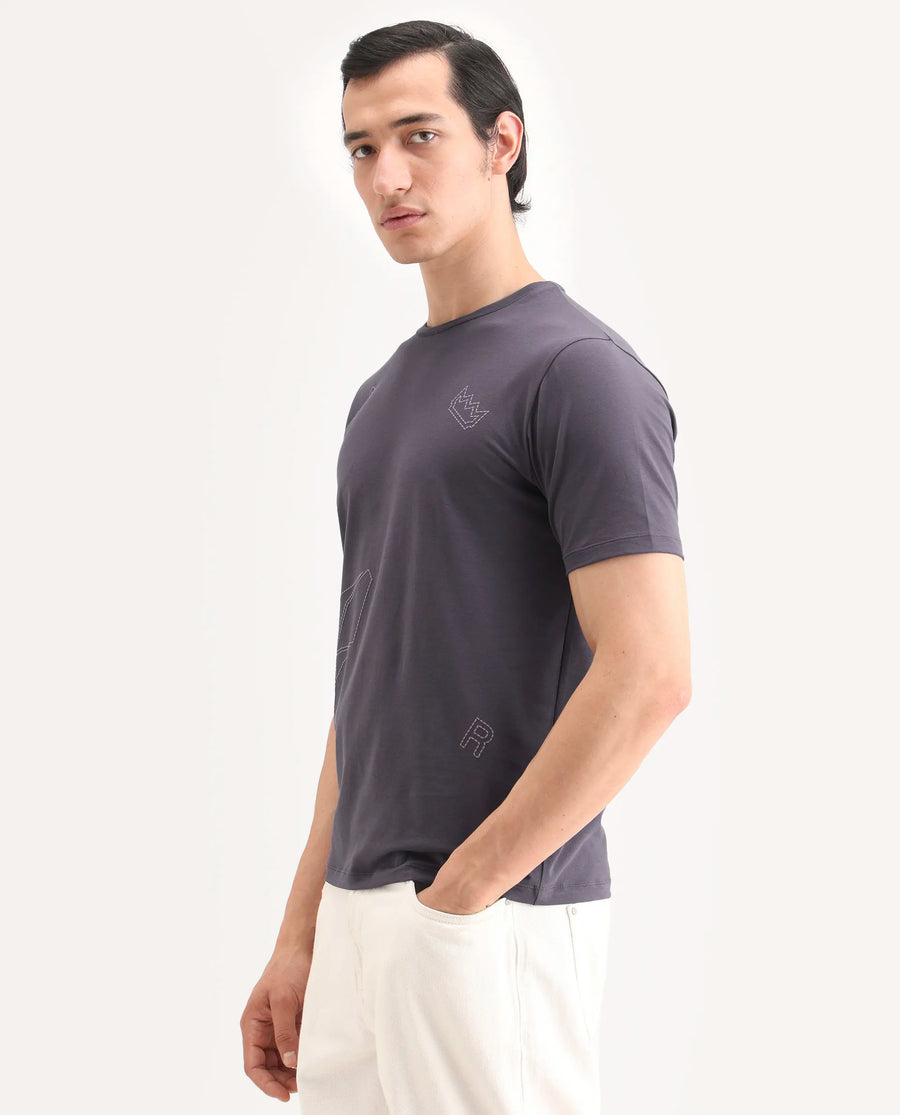 Rare Rabbit Men's Vin Dusky Purple Cotton Blend Fabric Half Sleeve Crew Neck Regular Fit Graphic Print T-Shirt
