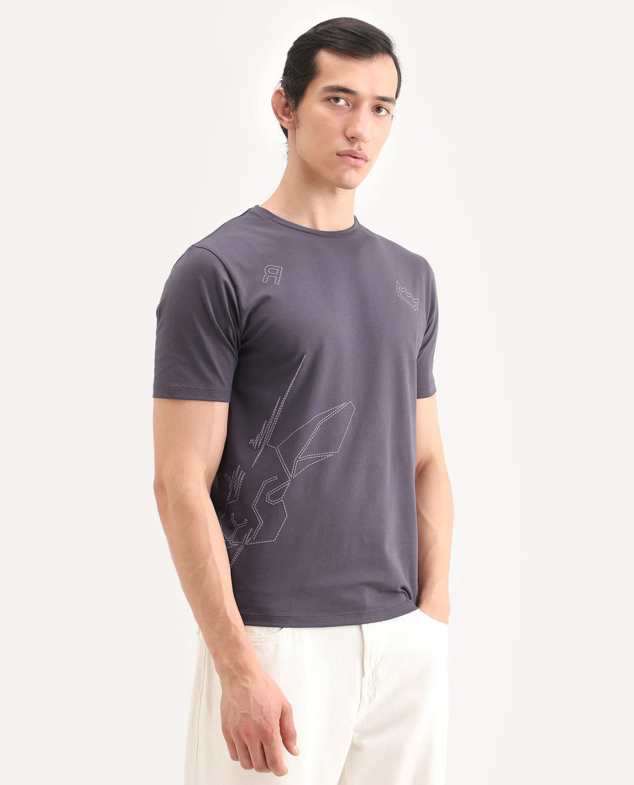 Rare Rabbit Men's Vin Dusky Purple Cotton Blend Fabric Half Sleeve Crew Neck Regular Fit Graphic Print T-Shirt