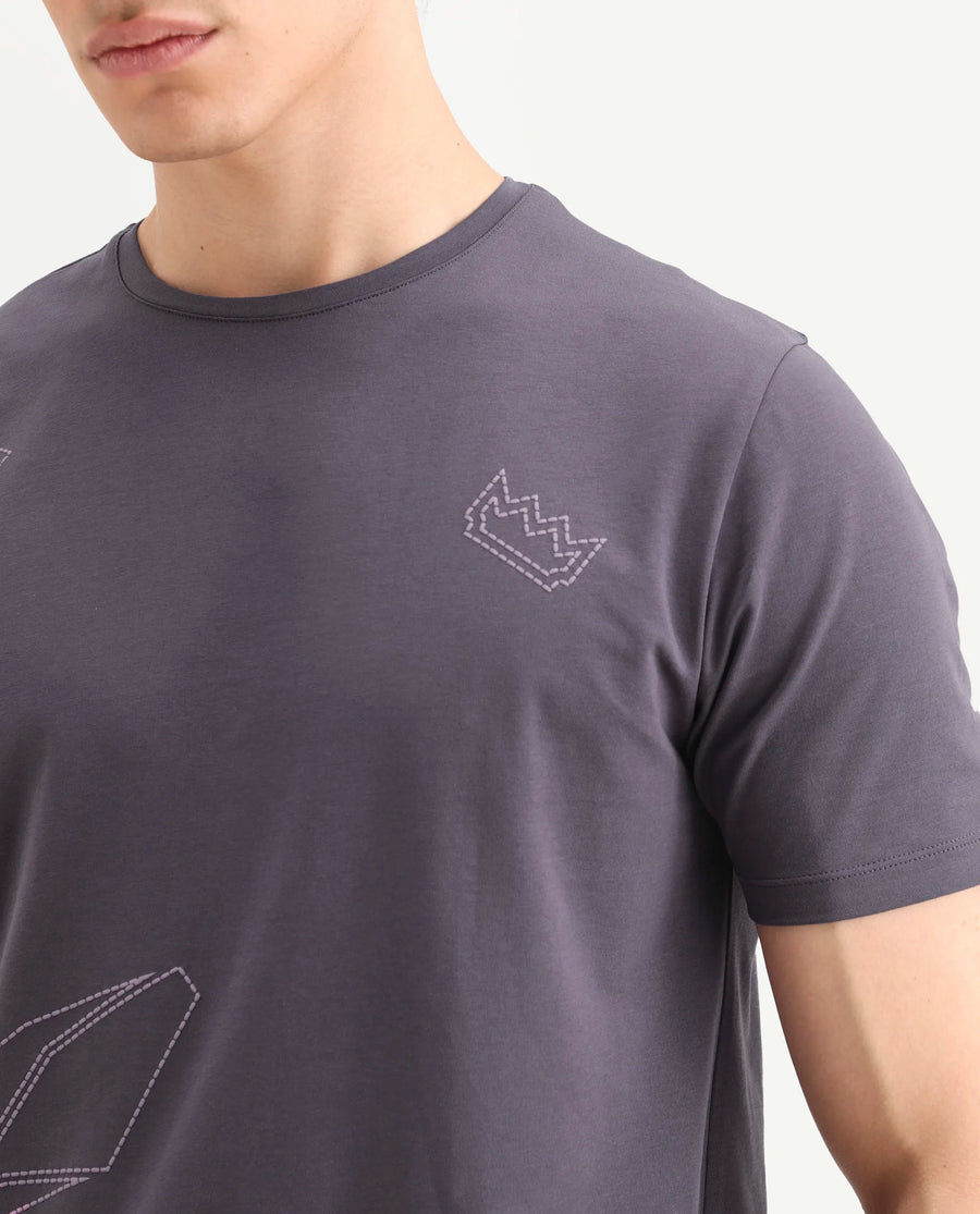 Rare Rabbit Men's Vin Dusky Purple Cotton Blend Fabric Half Sleeve Crew Neck Regular Fit Graphic Print T-Shirt