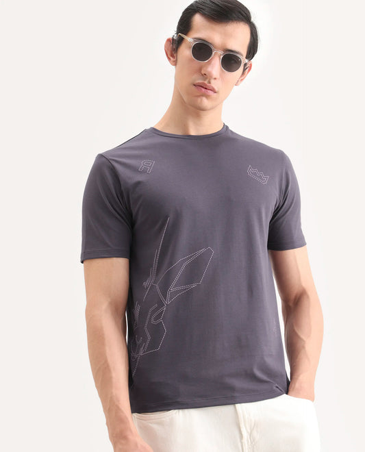 Rare Rabbit Men's Vin Dusky Purple Cotton Blend Fabric Half Sleeve Crew Neck Regular Fit Graphic Print T-Shirt