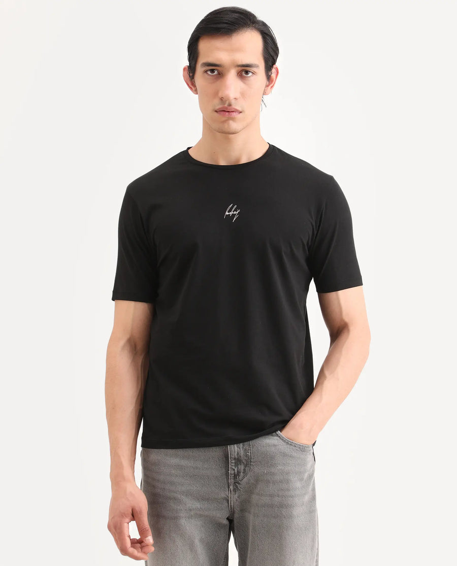 Rare Rabbit Men's Wan Black Cotton Blend Fabric Half Sleeve Crew Neck Regular Fit Graphic Print T-Shirt