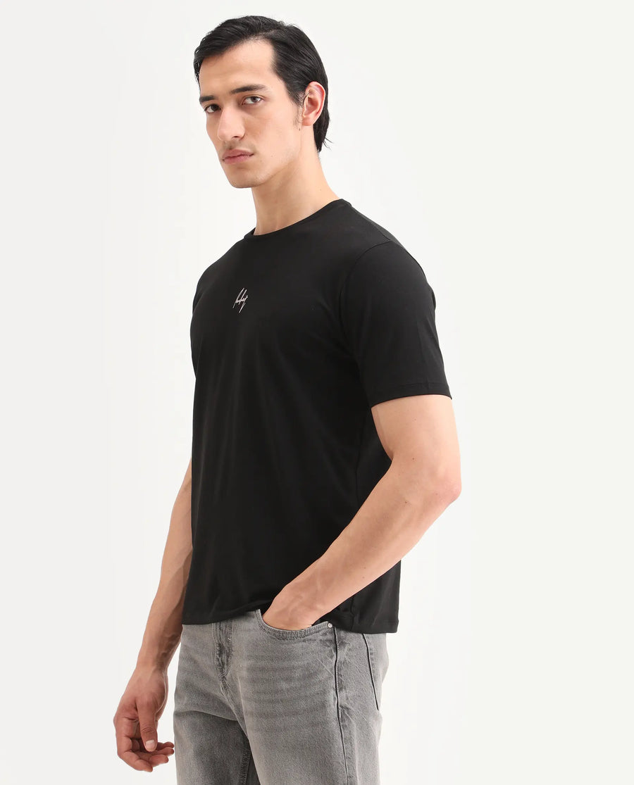 Rare Rabbit Men's Wan Black Cotton Blend Fabric Half Sleeve Crew Neck Regular Fit Graphic Print T-Shirt