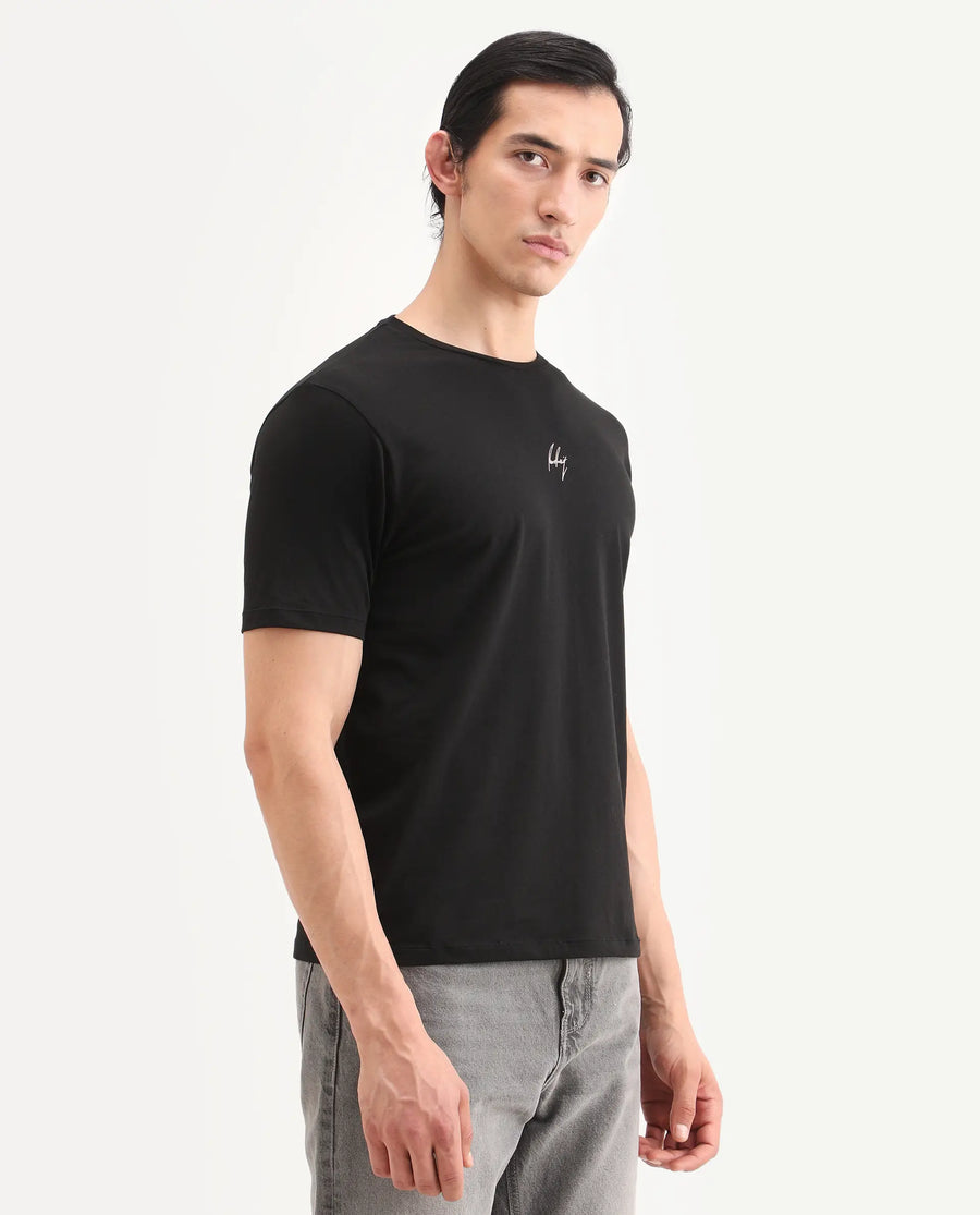 Rare Rabbit Men's Wan Black Cotton Blend Fabric Half Sleeve Crew Neck Regular Fit Graphic Print T-Shirt