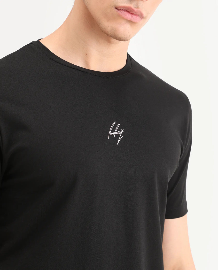 Rare Rabbit Men's Wan Black Cotton Blend Fabric Half Sleeve Crew Neck Regular Fit Graphic Print T-Shirt