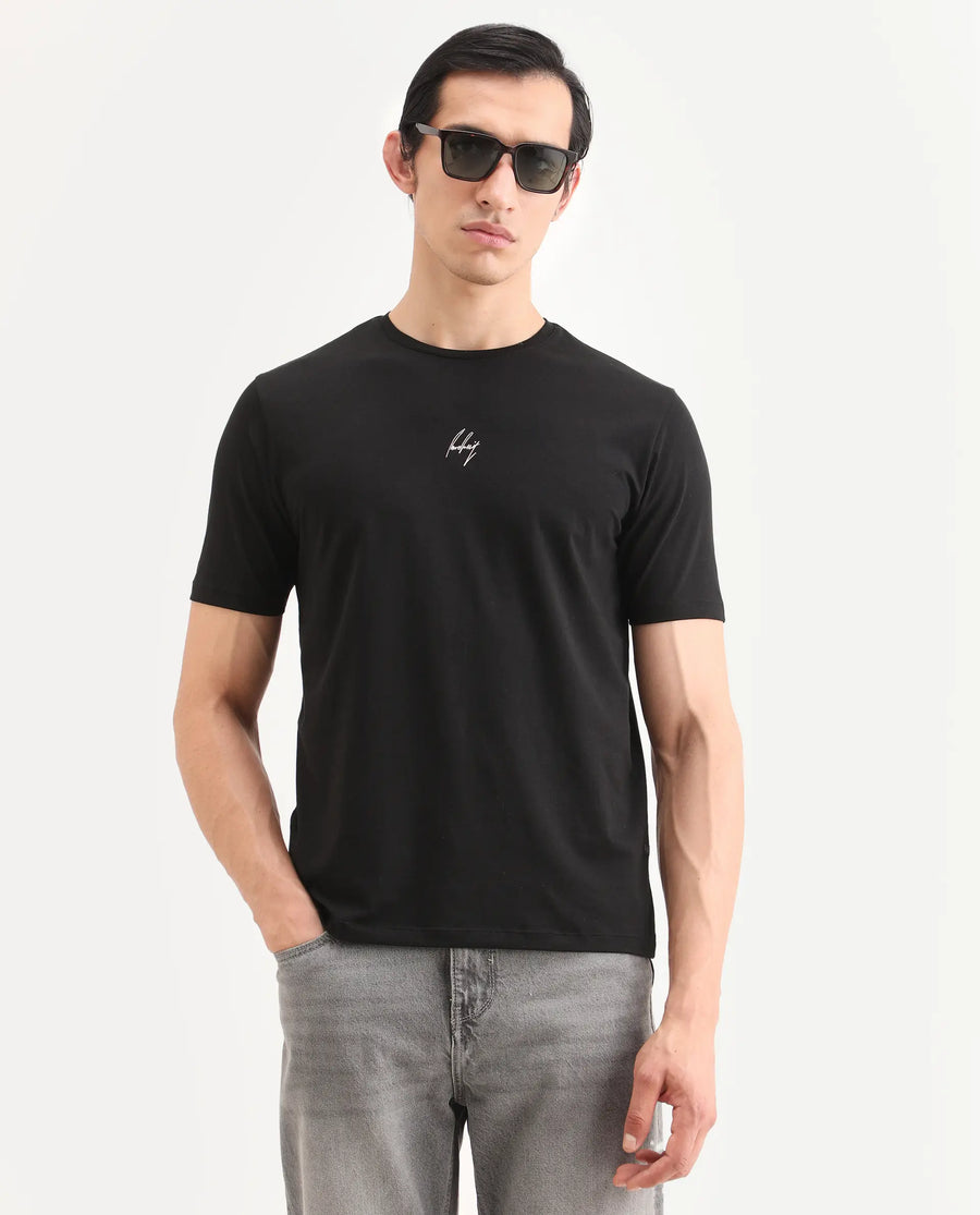Rare Rabbit Men's Wan Black Cotton Blend Fabric Half Sleeve Crew Neck Regular Fit Graphic Print T-Shirt