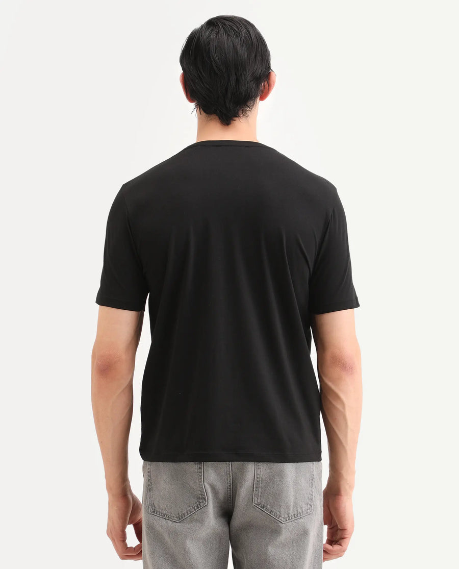 Rare Rabbit Men's Wan Black Cotton Blend Fabric Half Sleeve Crew Neck Regular Fit Graphic Print T-Shirt