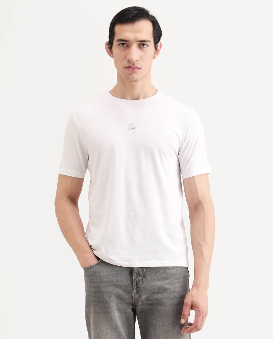 Rare Rabbit Men's Wan White Cotton Blend Fabric Half Sleeve Crew Neck Regular Fit Graphic Print T-Shirt