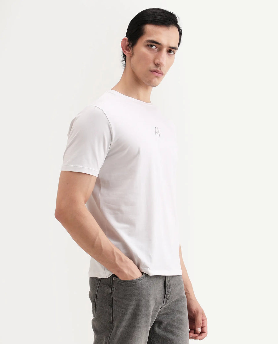 Rare Rabbit Men's Wan White Cotton Blend Fabric Half Sleeve Crew Neck Regular Fit Graphic Print T-Shirt