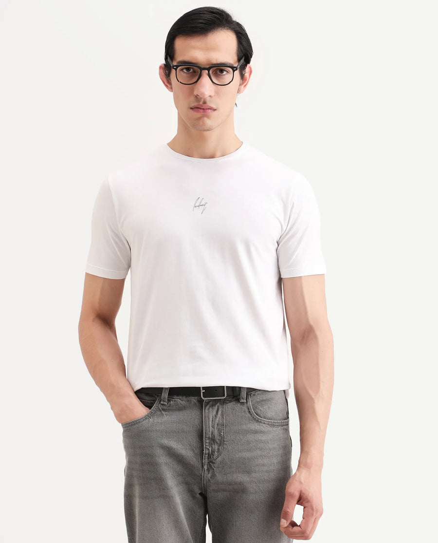 Rare Rabbit Men's Wan White Cotton Blend Fabric Half Sleeve Crew Neck Regular Fit Graphic Print T-Shirt