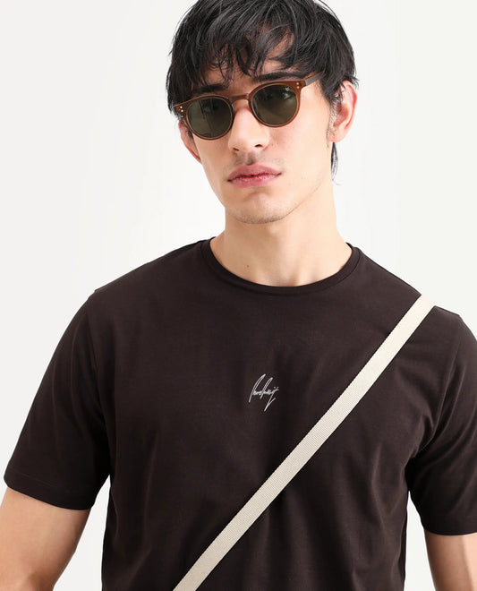 Rare Rabbit Men's Wan Light Brown Cotton Blend Fabric Half Sleeve Crew Neck Regular Fit Graphic Print T-Shirt