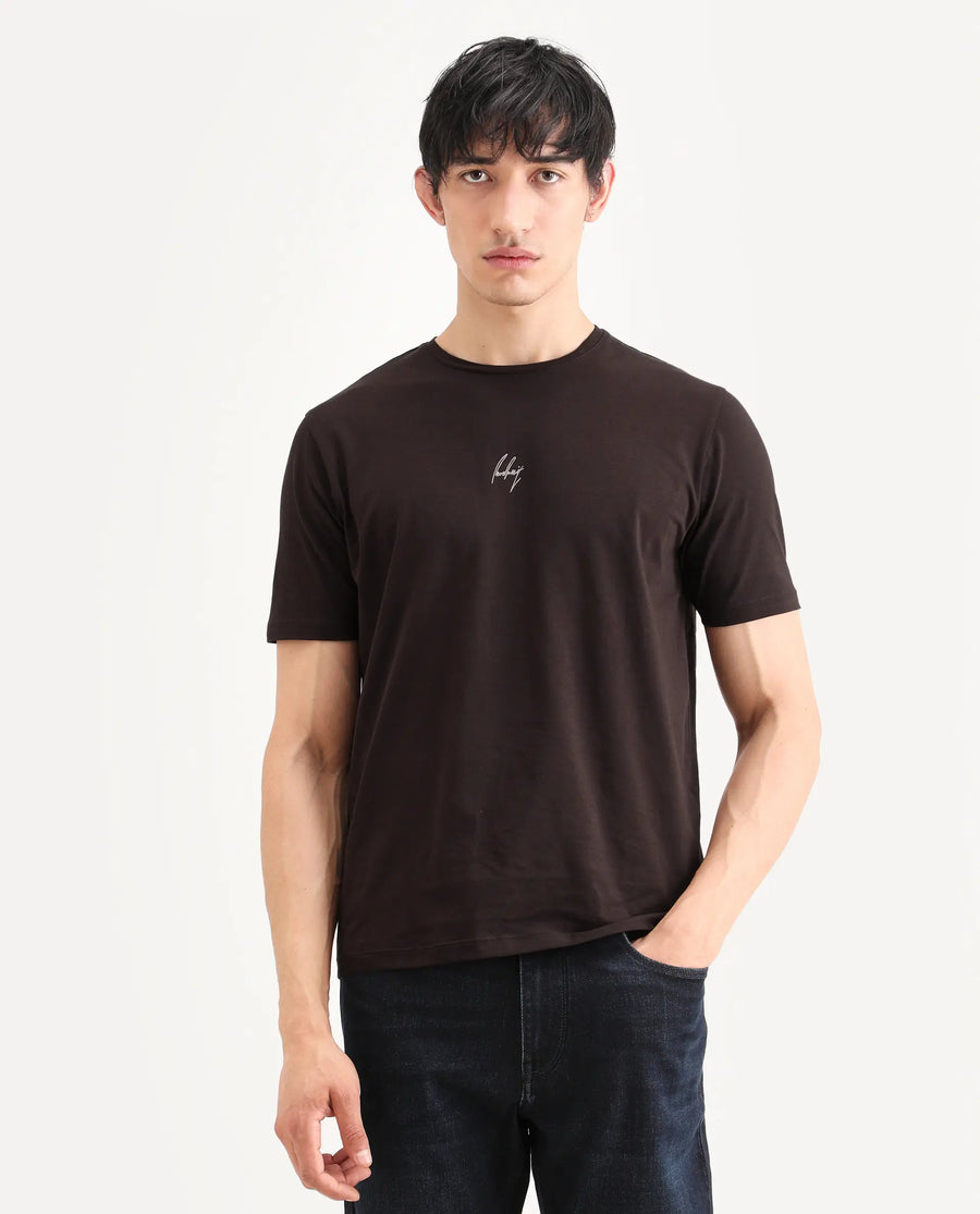 Rare Rabbit Men's Wan Light Brown Cotton Blend Fabric Half Sleeve Crew Neck Regular Fit Graphic Print T-Shirt
