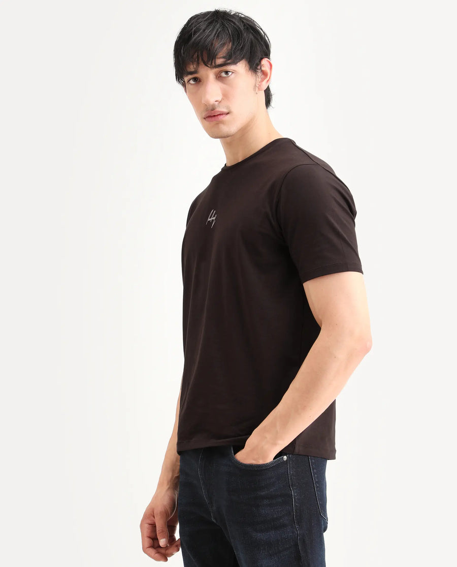 Rare Rabbit Men's Wan Light Brown Cotton Blend Fabric Half Sleeve Crew Neck Regular Fit Graphic Print T-Shirt