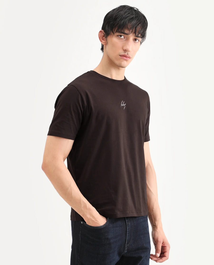 Rare Rabbit Men's Wan Light Brown Cotton Blend Fabric Half Sleeve Crew Neck Regular Fit Graphic Print T-Shirt