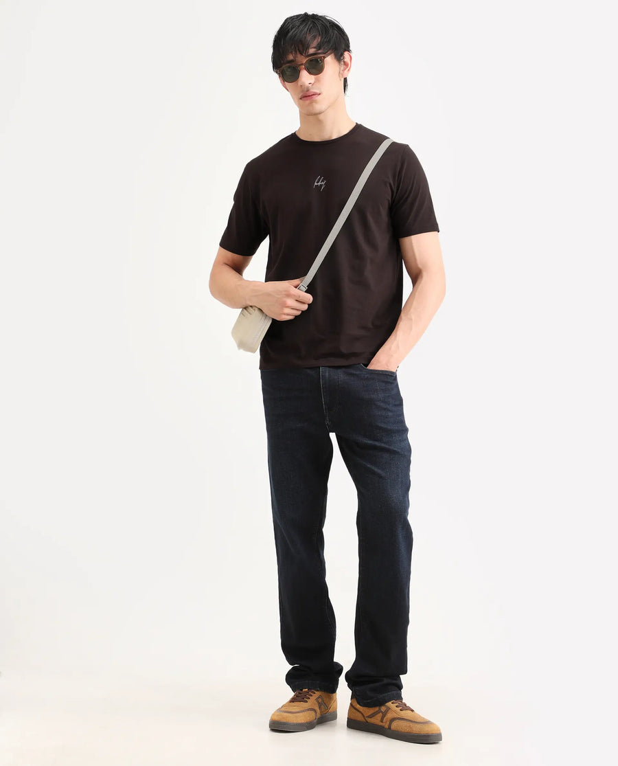 Rare Rabbit Men's Wan Light Brown Cotton Blend Fabric Half Sleeve Crew Neck Regular Fit Graphic Print T-Shirt