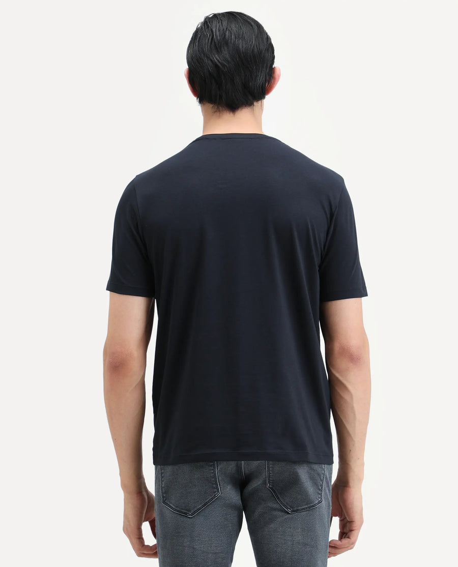 Rare Rabbit Men's Wan Navy Cotton Blend Fabric Half Sleeve Crew Neck Regular Fit Plain T-Shirt