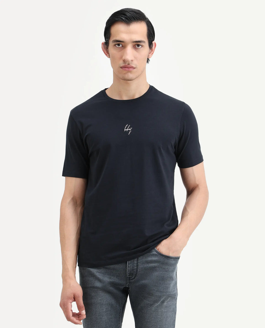 Rare Rabbit Men's Wan Navy Cotton Blend Fabric Half Sleeve Crew Neck Regular Fit Plain T-Shirt