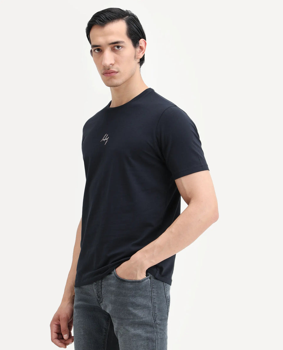 Rare Rabbit Men's Wan Navy Cotton Blend Fabric Half Sleeve Crew Neck Regular Fit Plain T-Shirt