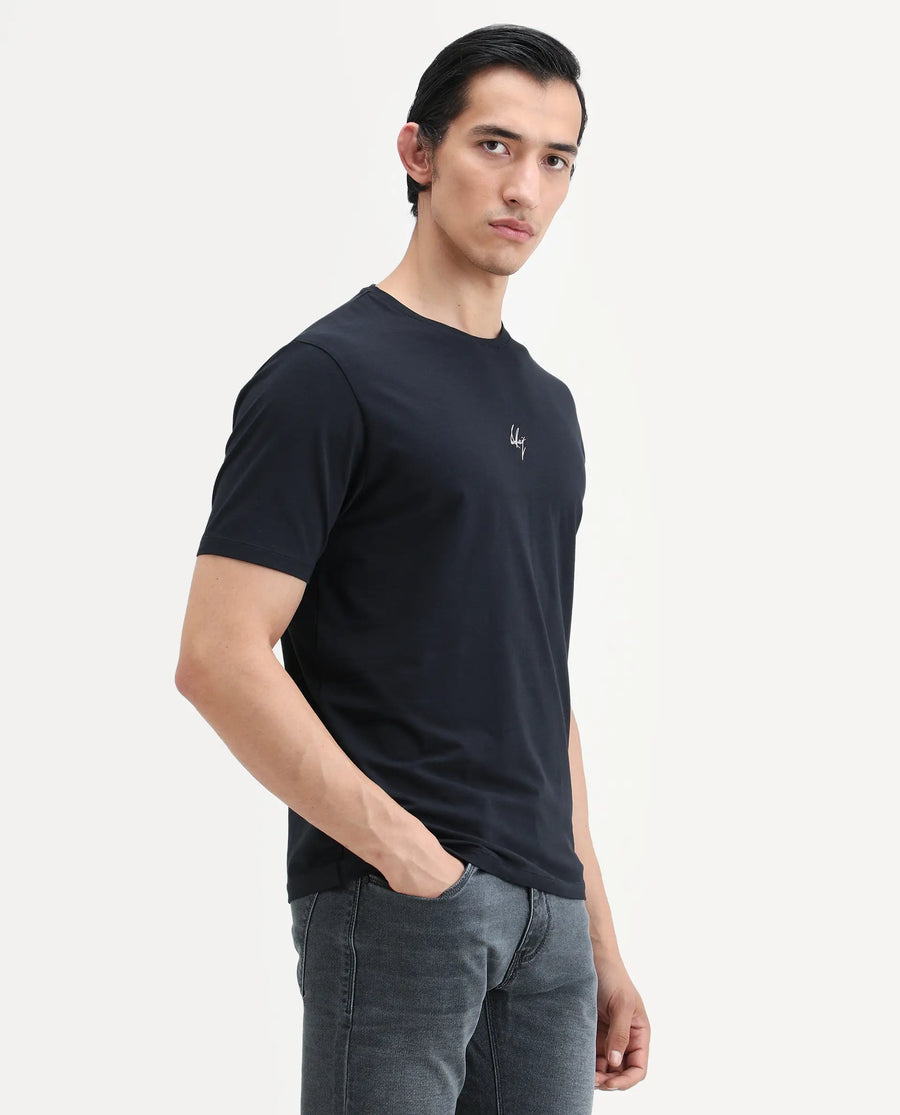 Rare Rabbit Men's Wan Navy Cotton Blend Fabric Half Sleeve Crew Neck Regular Fit Plain T-Shirt