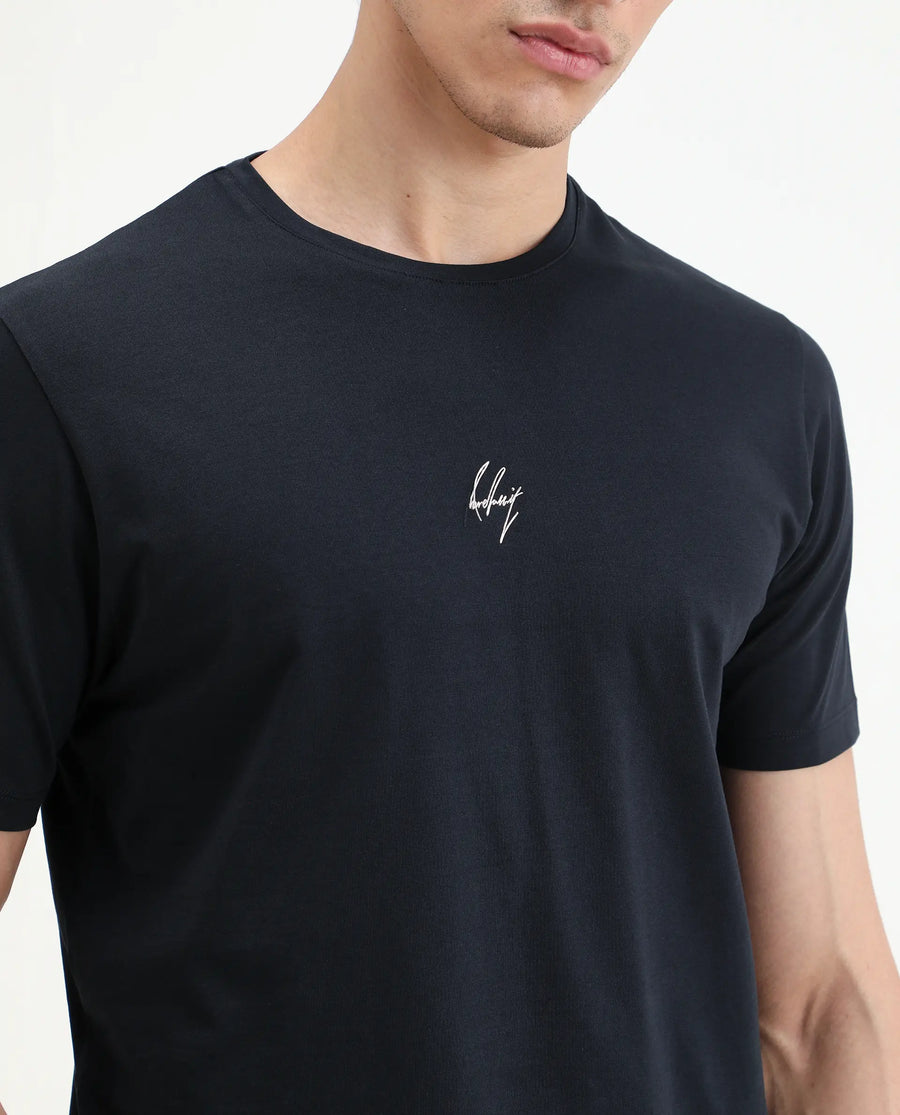 Rare Rabbit Men's Wan Navy Cotton Blend Fabric Half Sleeve Crew Neck Regular Fit Plain T-Shirt
