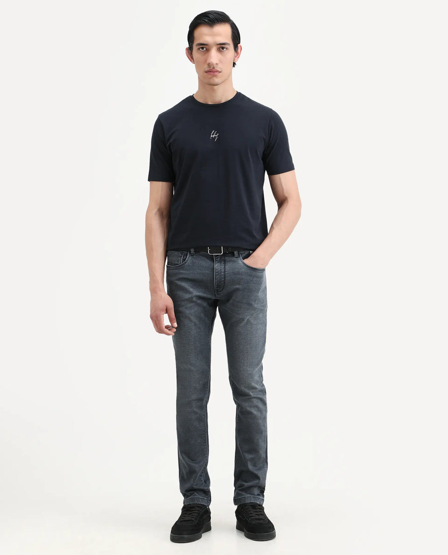 Rare Rabbit Men's Wan Navy Cotton Blend Fabric Half Sleeve Crew Neck Regular Fit Plain T-Shirt