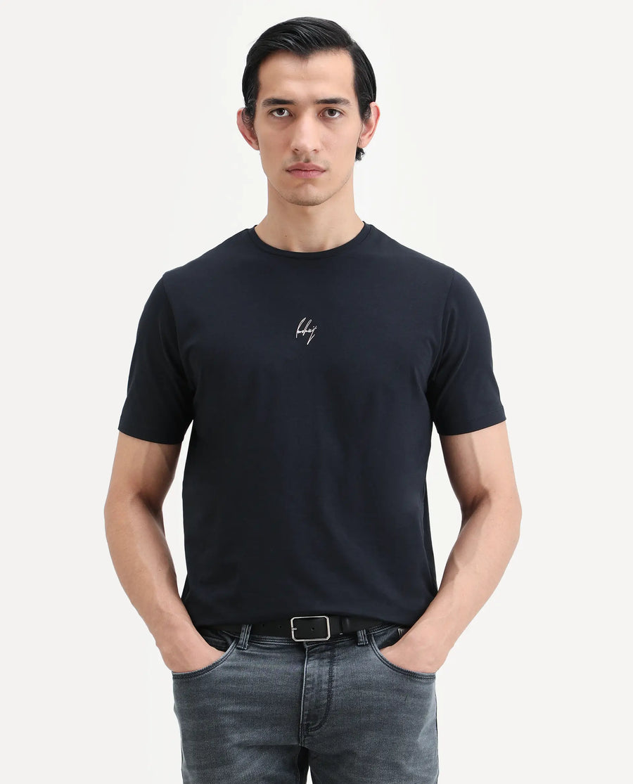 Rare Rabbit Men's Wan Navy Cotton Blend Fabric Half Sleeve Crew Neck Regular Fit Plain T-Shirt