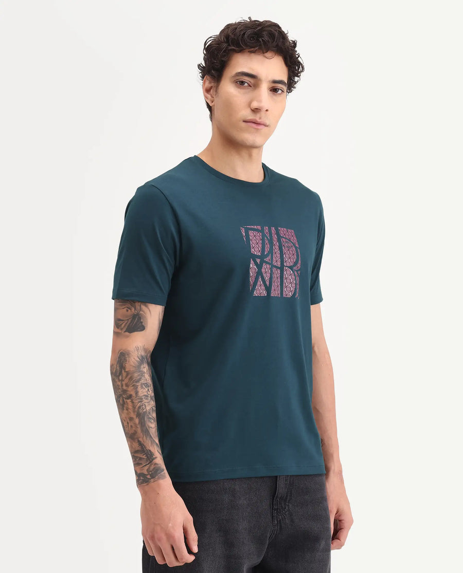 Rare Rabbit Men's Wog Dark Teal Cotton Blend Fabric Half Sleeve Crew Neck Regular Fit Graphic Print T-Shirt