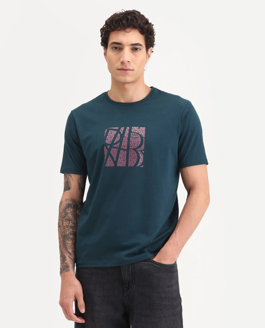 Rare Rabbit Men's Wog Dark Teal Cotton Blend Fabric Half Sleeve Crew Neck Regular Fit Graphic Print T-Shirt