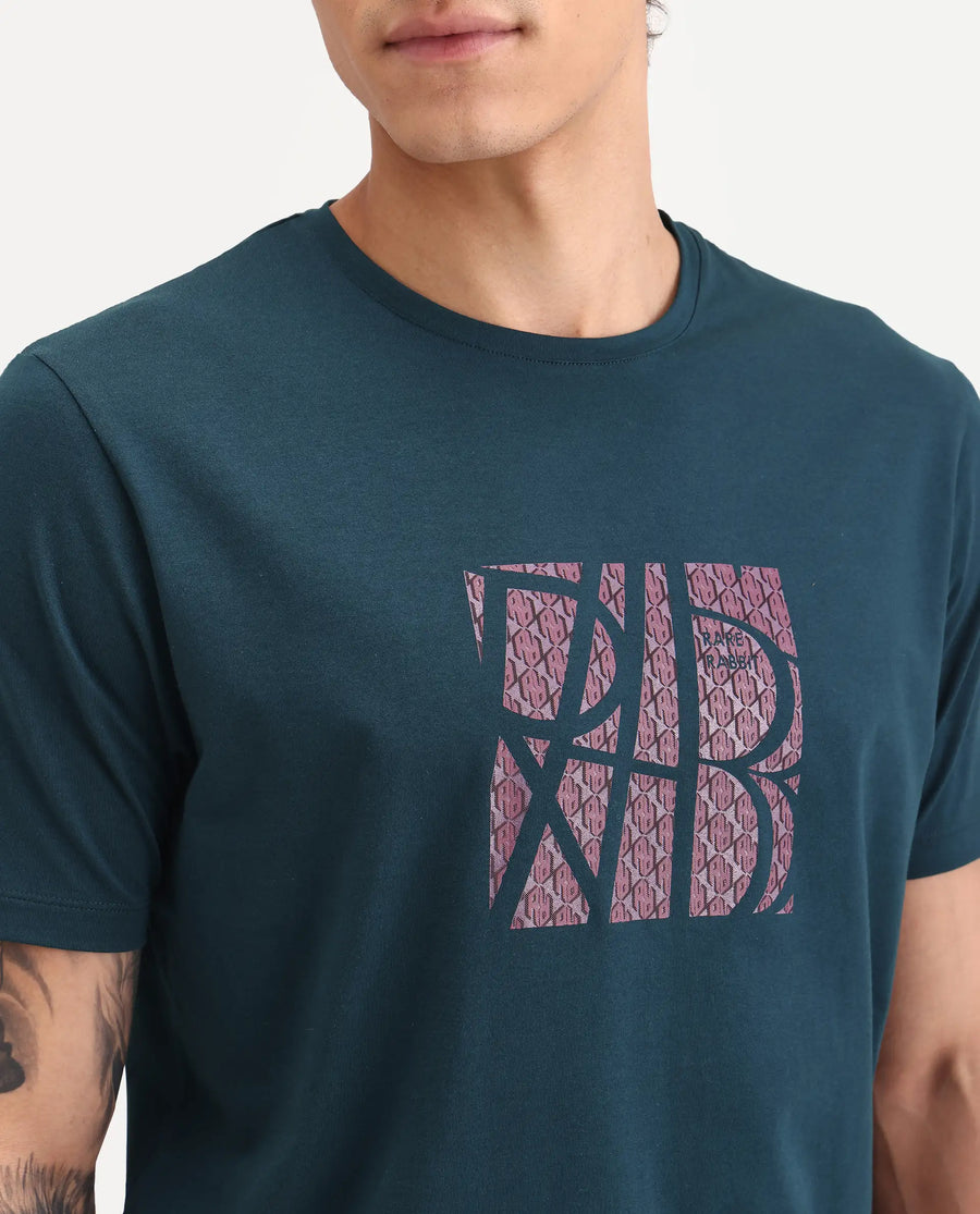 Rare Rabbit Men's Wog Dark Teal Cotton Blend Fabric Half Sleeve Crew Neck Regular Fit Graphic Print T-Shirt