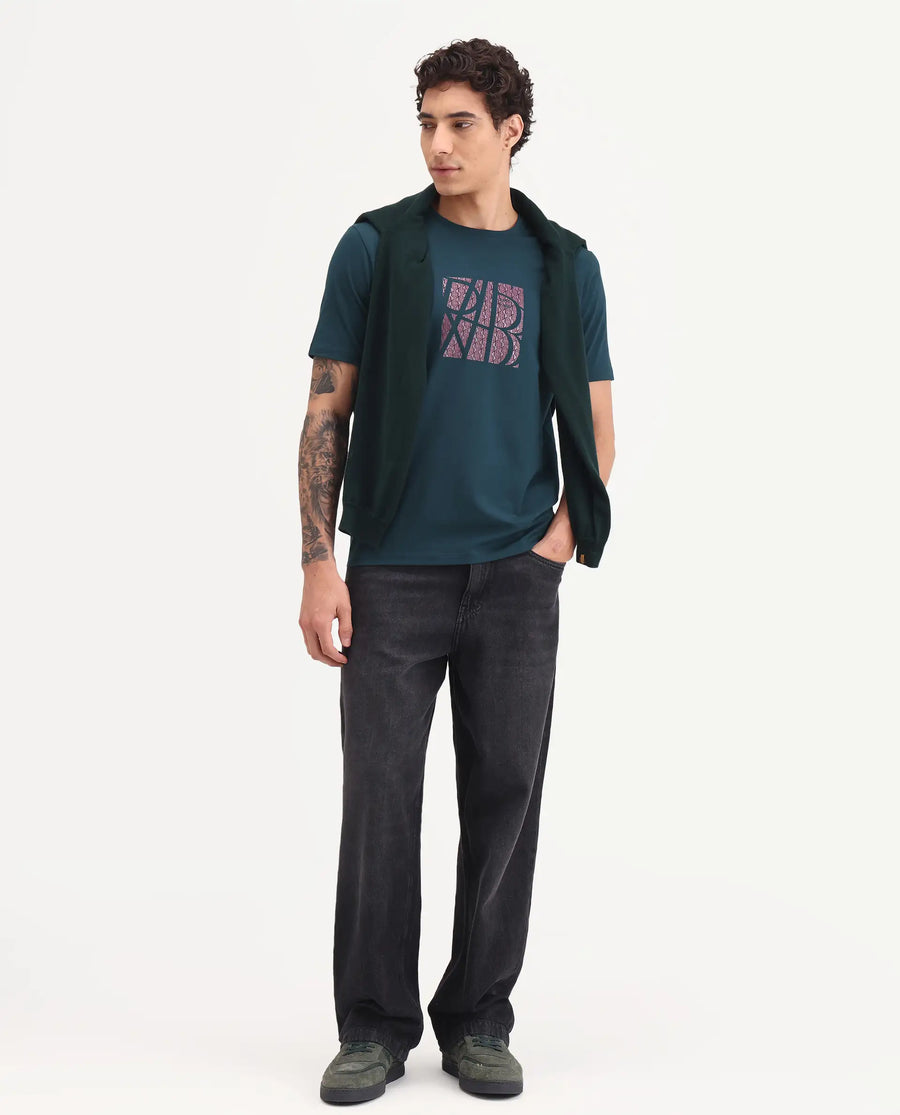 Rare Rabbit Men's Wog Dark Teal Cotton Blend Fabric Half Sleeve Crew Neck Regular Fit Graphic Print T-Shirt