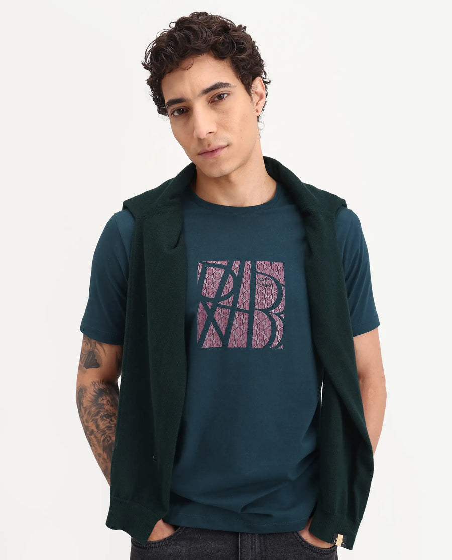 Rare Rabbit Men's Wog Dark Teal Cotton Blend Fabric Half Sleeve Crew Neck Regular Fit Graphic Print T-Shirt
