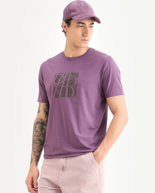 Rare Rabbit Men's Wog Dusky Purple Cotton Blend Fabric Half Sleeve Crew Neck Regular Fit Graphic Print T-Shirt