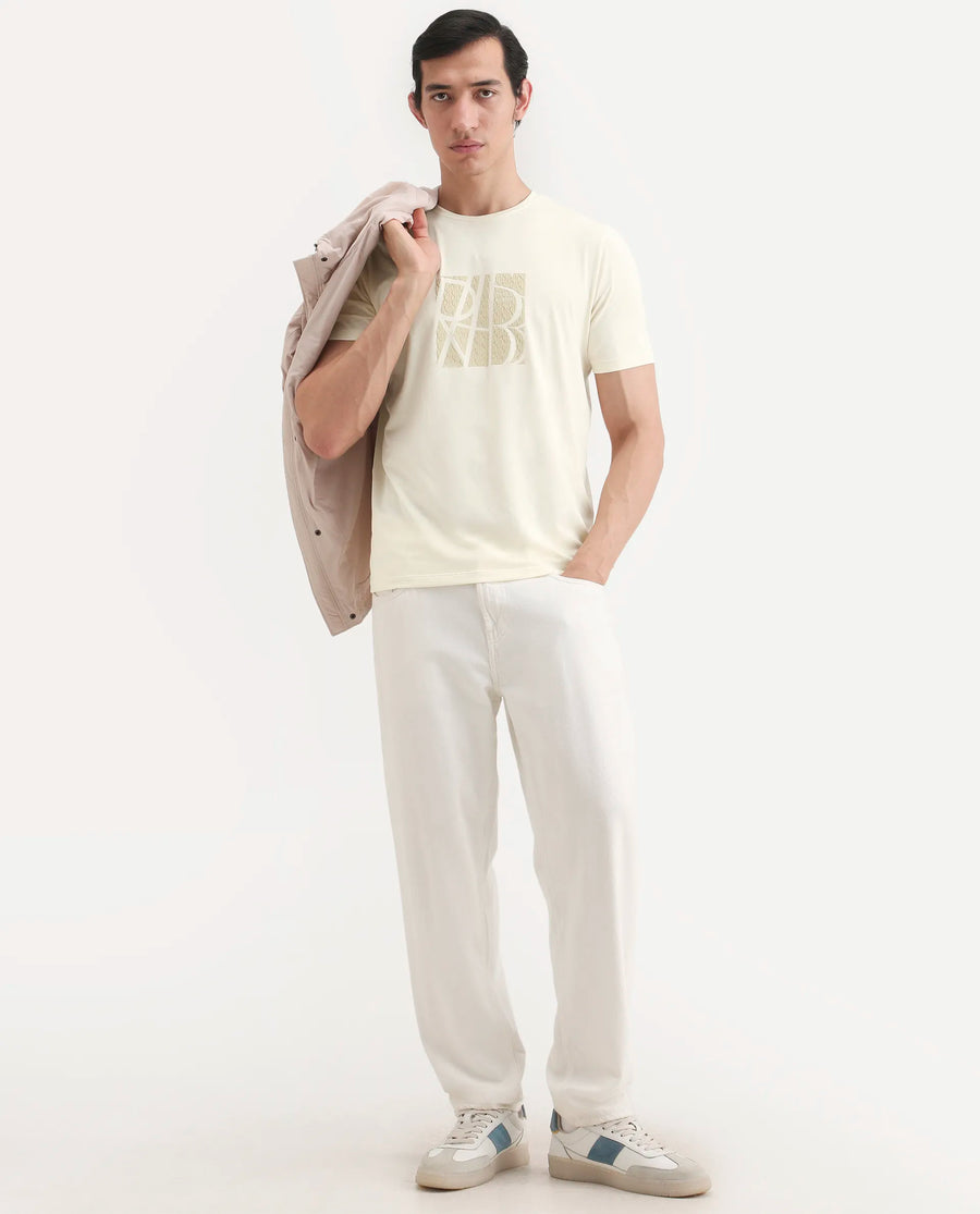 Rare Rabbit Men's Wog Pastel Yellow Cotton Blend Fabric Half Sleeve Crew Neck Regular Fit Graphic Print T-Shirt