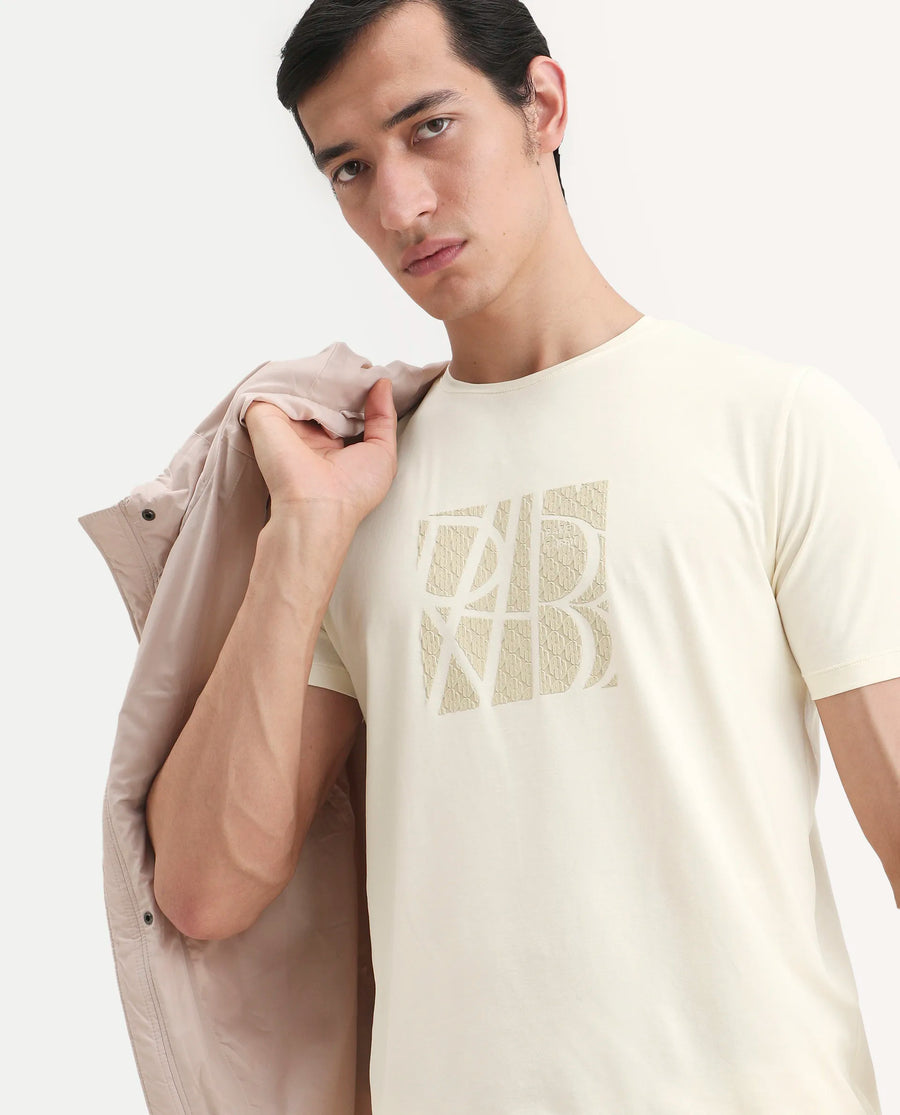 Rare Rabbit Men's Wog Pastel Yellow Cotton Blend Fabric Half Sleeve Crew Neck Regular Fit Graphic Print T-Shirt