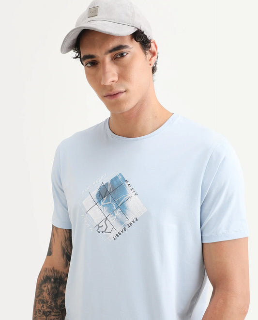 Rare Rabbit Men's Yal Blue Cotton Blend Fabric Half Sleeve Crew Neck Regular Fit Graphic Print T-Shirt