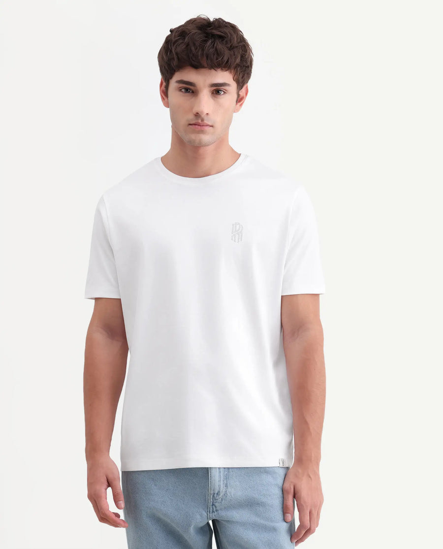Rare Rabbit Men's Zenim White Cotton Fabric Half Sleeve Crew Neck Regular Fit Plain T-Shirt