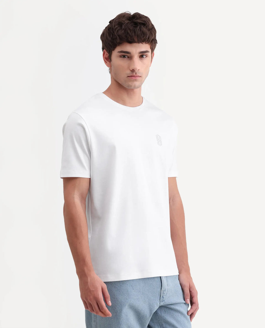 Rare Rabbit Men's Zenim White Cotton Fabric Half Sleeve Crew Neck Regular Fit Plain T-Shirt