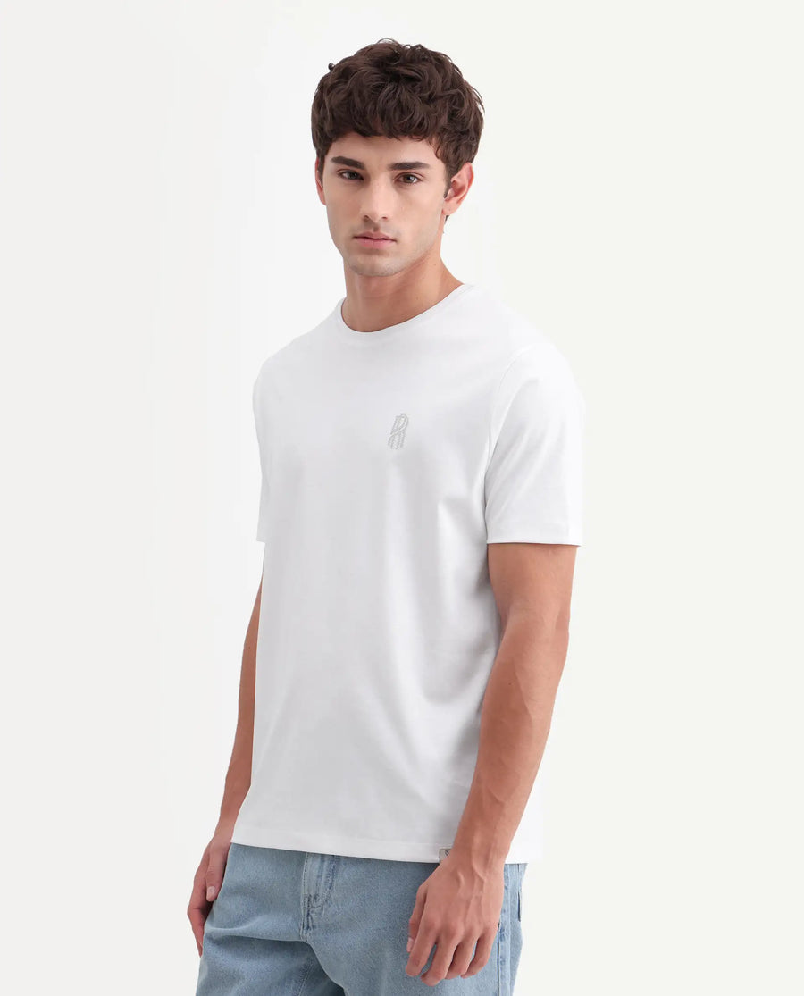 Rare Rabbit Men's Zenim White Cotton Fabric Half Sleeve Crew Neck Regular Fit Plain T-Shirt