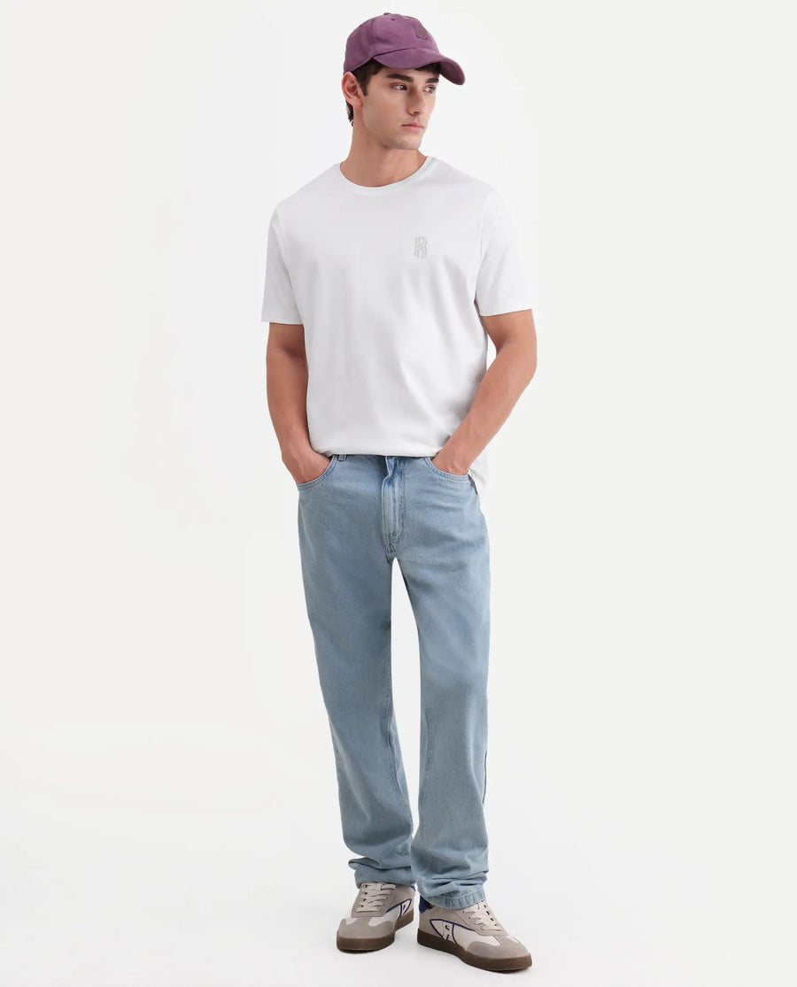 Rare Rabbit Men's Zenim White Cotton Fabric Half Sleeve Crew Neck Regular Fit Plain T-Shirt