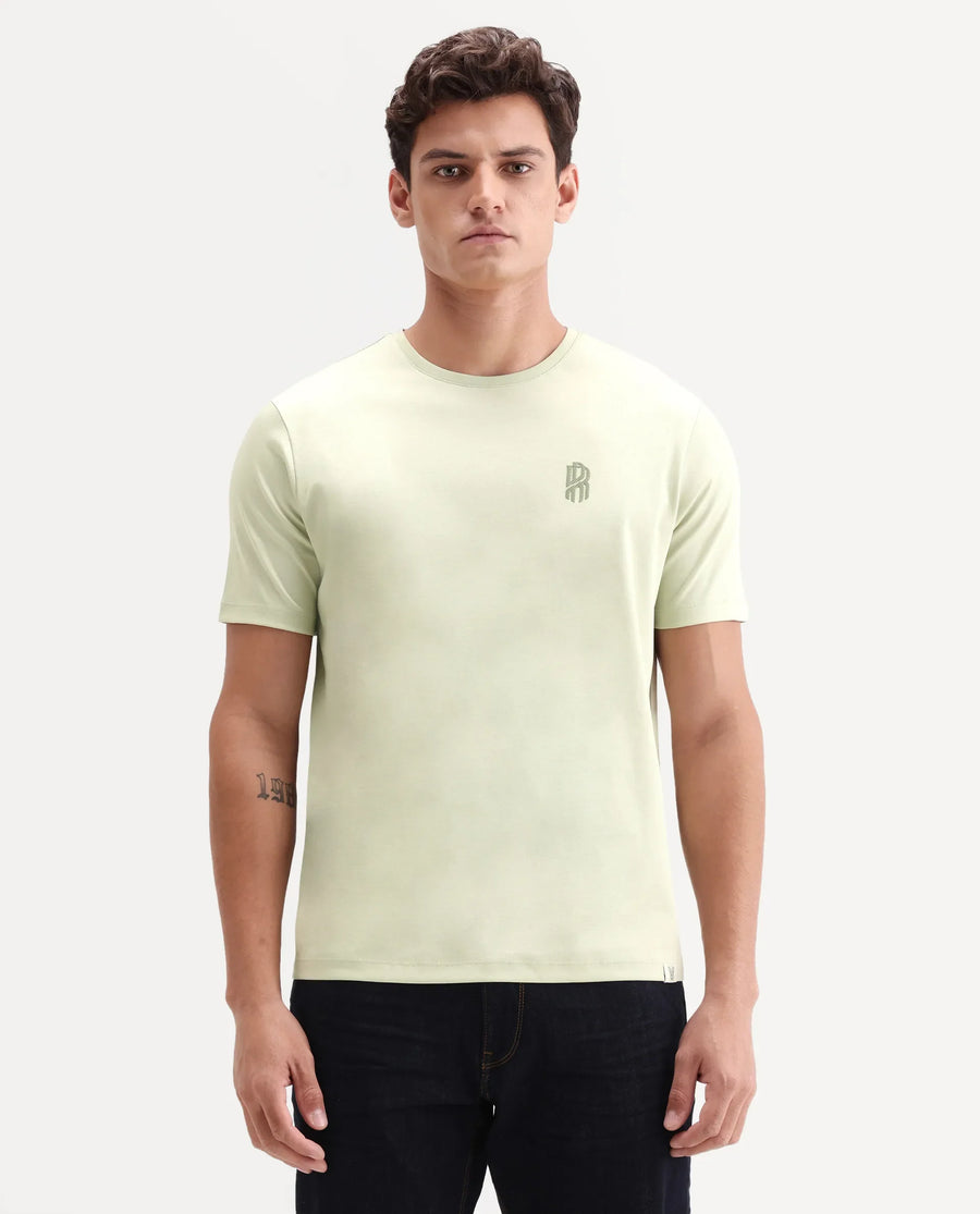 Rare Rabbit Men's Zenim Flouroscent Green Cotton Fabric Half Sleeve Crew Neck Regular Fit Plain T-Shirt