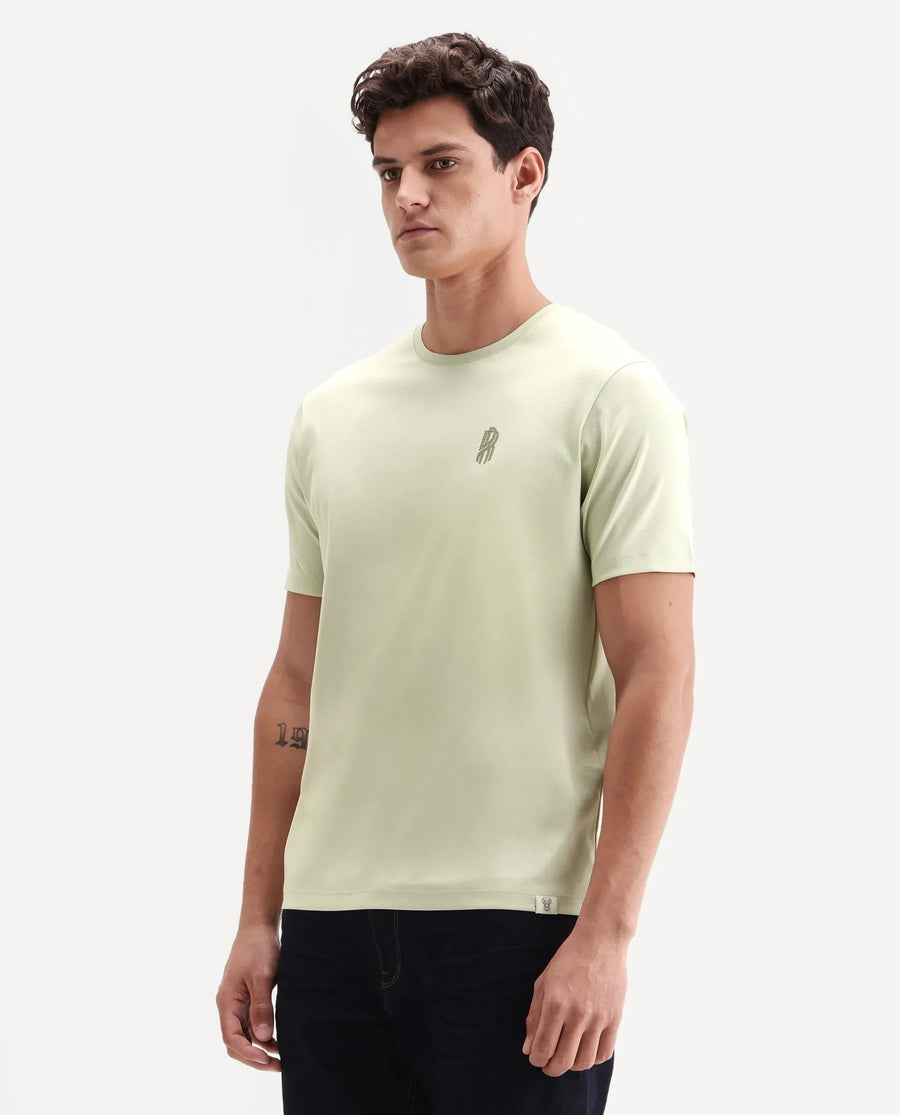Rare Rabbit Men's Zenim Flouroscent Green Cotton Fabric Half Sleeve Crew Neck Regular Fit Plain T-Shirt