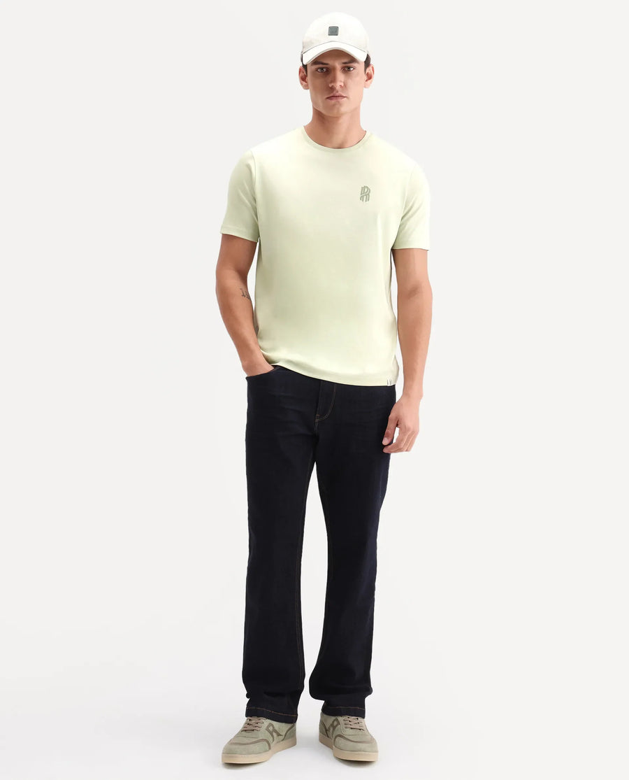 Rare Rabbit Men's Zenim Flouroscent Green Cotton Fabric Half Sleeve Crew Neck Regular Fit Plain T-Shirt