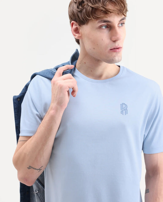 Rare Rabbit Men's Zenim Pastel Blue Cotton Fabric Half Sleeve Crew Neck Regular Fit Plain T-Shirt