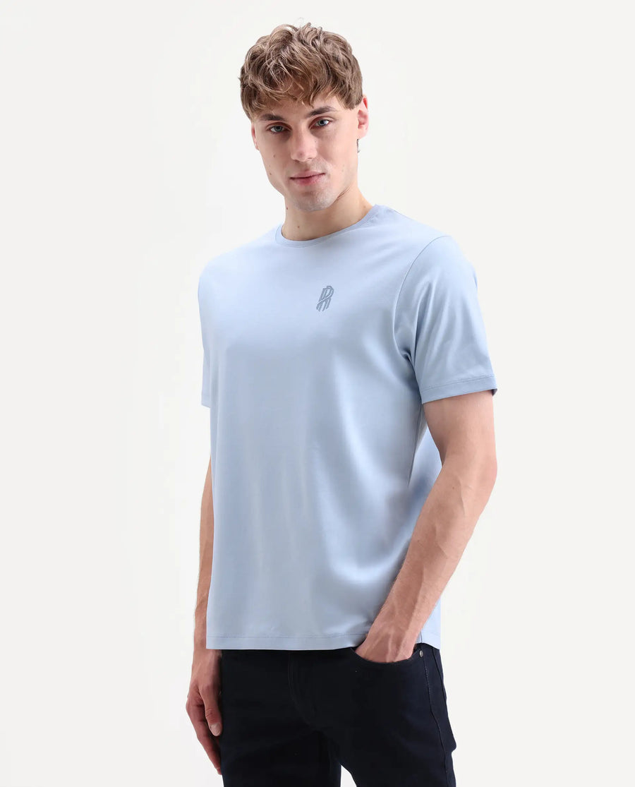 Rare Rabbit Men's Zenim Pastel Blue Cotton Fabric Half Sleeve Crew Neck Regular Fit Plain T-Shirt