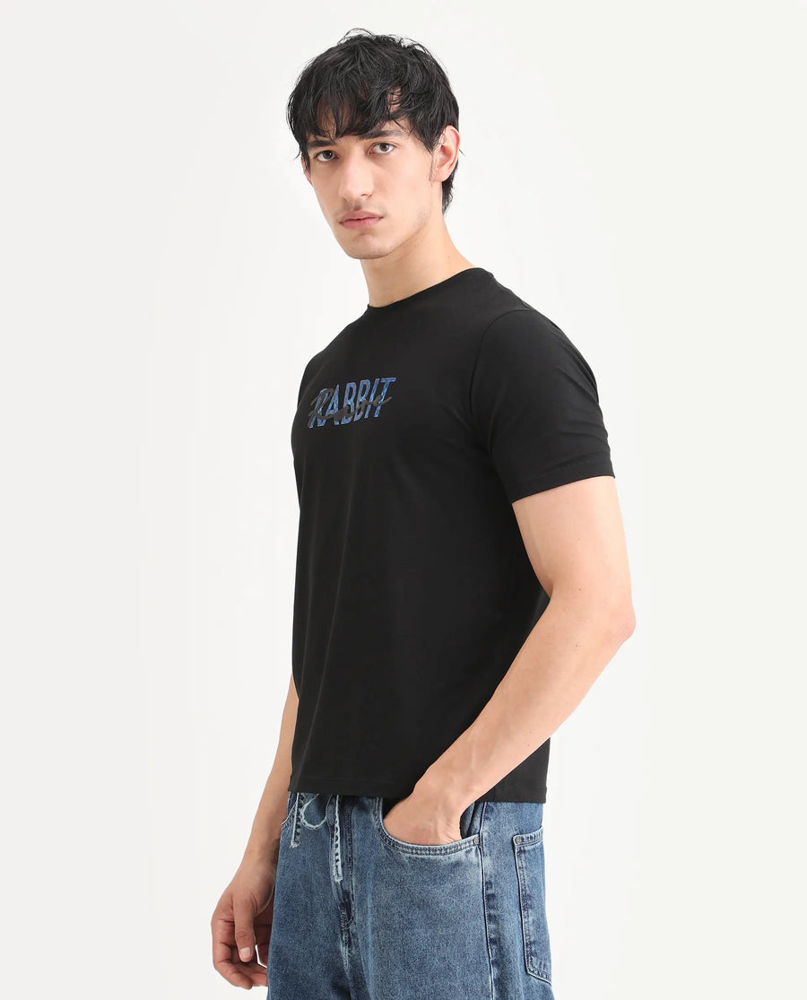 Rare Rabbit Men's Zint Black Cotton Blend Fabric Half Sleeve Crew Neck Regular Fit Graphic Print T-Shirt