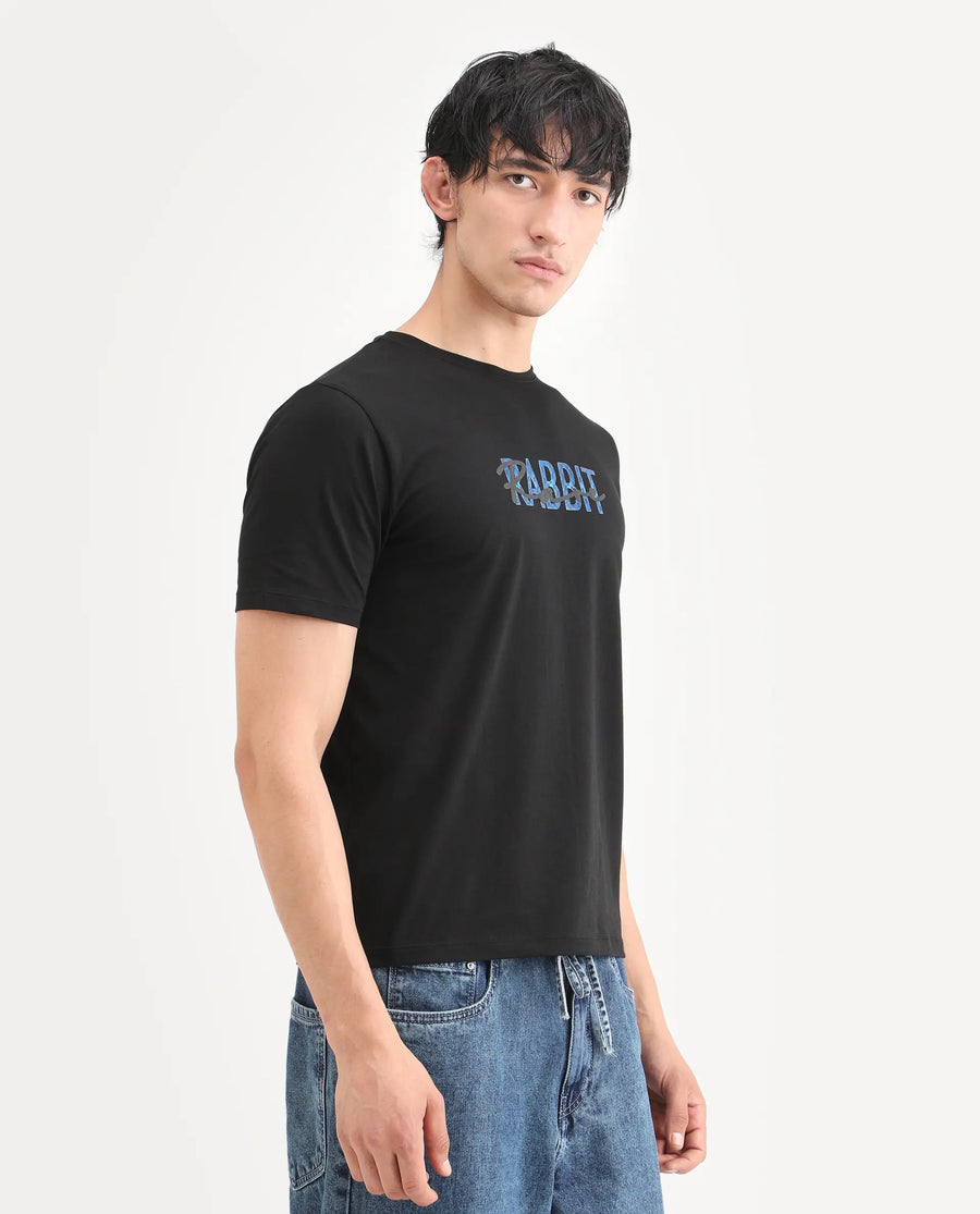 Rare Rabbit Men's Zint Black Cotton Blend Fabric Half Sleeve Crew Neck Regular Fit Graphic Print T-Shirt