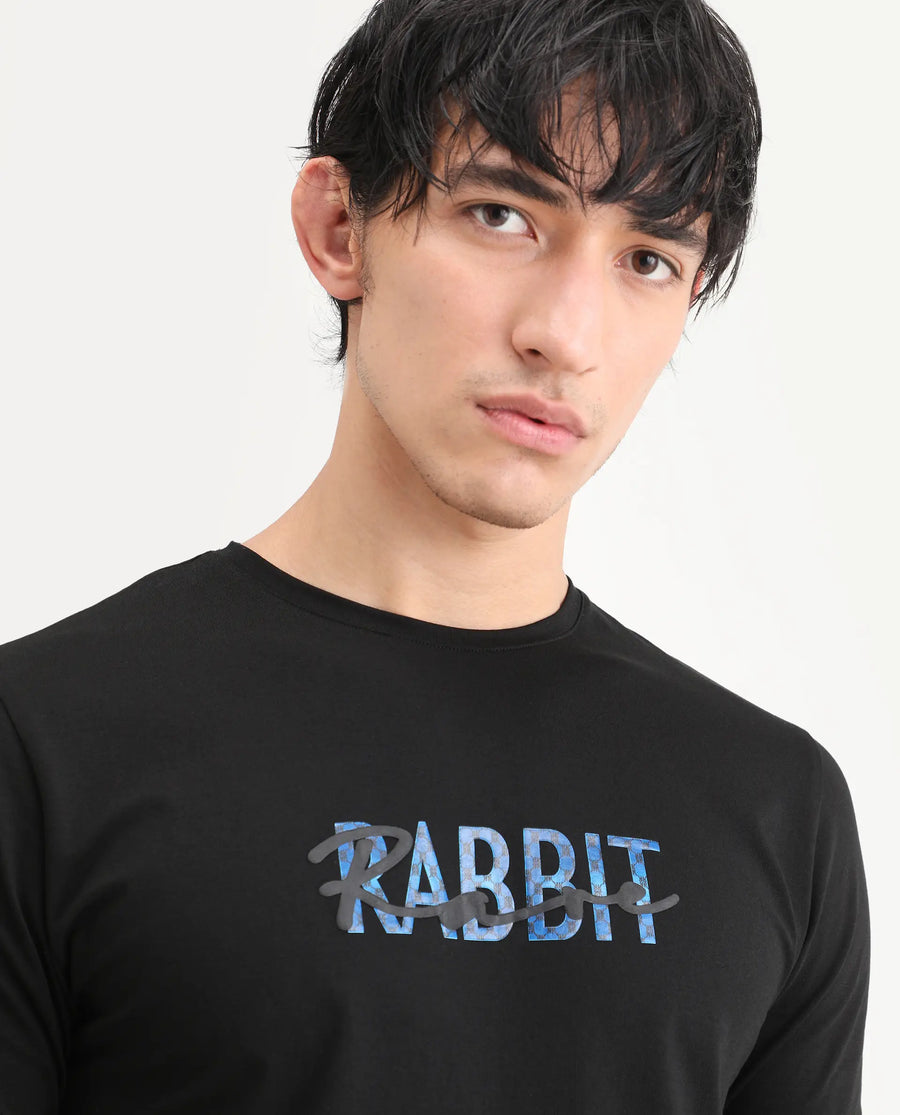 Rare Rabbit Men's Zint Black Cotton Blend Fabric Half Sleeve Crew Neck Regular Fit Graphic Print T-Shirt