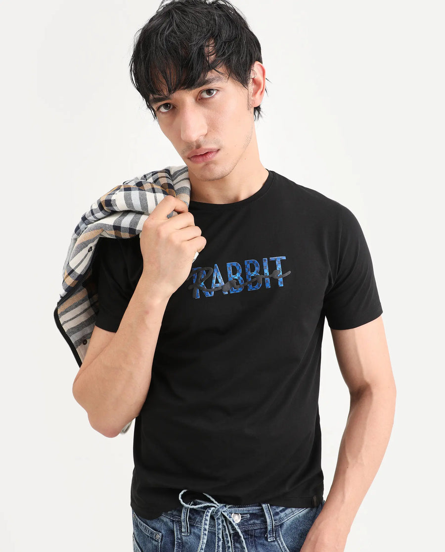 Rare Rabbit Men's Zint Black Cotton Blend Fabric Half Sleeve Crew Neck Regular Fit Graphic Print T-Shirt
