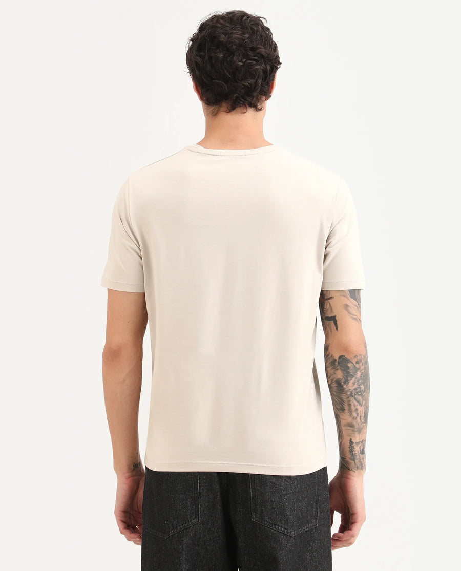 Rare Rabbit Men's Zuk Dusky Beige Cotton Blend Fabric Half Sleeve Crew Neck Regular Fit Graphic Print T-Shirt