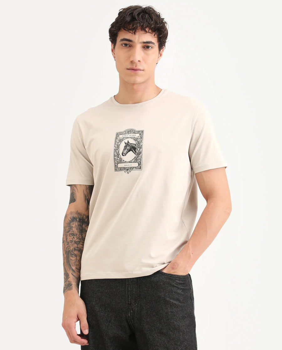 Rare Rabbit Men's Zuk Dusky Beige Cotton Blend Fabric Half Sleeve Crew Neck Regular Fit Graphic Print T-Shirt